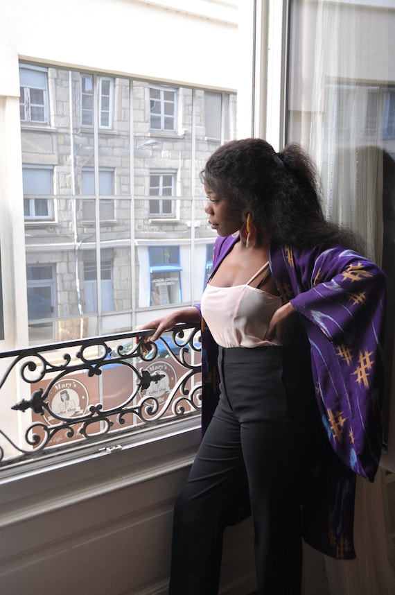 1940's KIMONO purple silk Japanese geometric patte