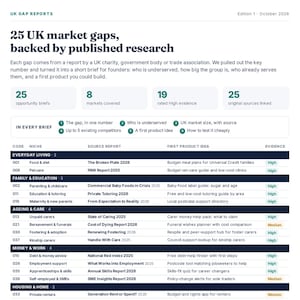 Peut inclure: Un document intitulé UK Gap Reports Edition 1 October 2026, présentant 25 lacunes du marché britannique basées sur des recherches. Il comprend des statistiques, une liste des composants des rapports et un tableau classant les niches.
