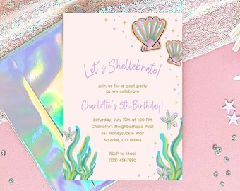 Let's Shell-e-brate Party Invitation Template, Shellebrate Party Invites, Editable, Printable, Instant Download, Mermaid Party Invitation