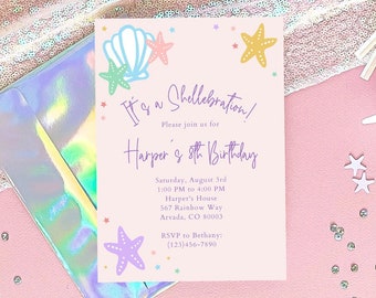 Magical Shellebration Editable Printable Invitation Template, Mermaid Invitation Template, Kids Birthday Beach Theme Party Invitations DIY