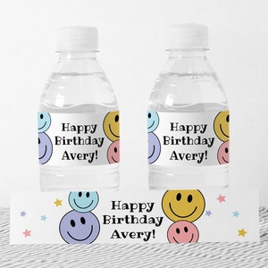Smiley Faces Water Bottle Label Template, Printable Smileys Birthday Water Bottle Labels, Happy Faces Party Water Bottle Label DIY Template