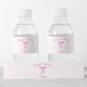 Bows Water Bottle Label Template, Printable Pink Ribbon Water Bottle Labels, Galentines Party Water Bottle Editable Printable Label Template