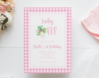 Printable Lucky One Birthday Invitation Template, Watercolor Four Leaf Clover Birthday Invitation, St Patrick's Day First Birthday Invites