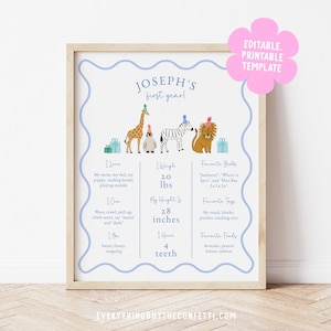 Plantilla para póster imprimible con el hito del primer cumpleaños de los animales de fiesta, letrero con estadísticas del hito del primer cumpleaños de Wild One, letrero con el hito de los animales para hacer uno mismo