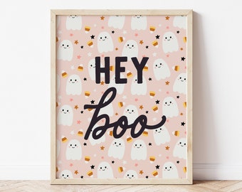 Art mural numérique Hey Boo, oeuvre d'art numérique pour Halloween, décoration de fête d'Halloween, produits à imprimer pour les enfants, fête à imprimer, à imprimer Halloween