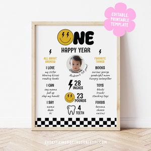 One Happy Dude Printable 1st Birthday Milestone Sign, Happy Dude Birthday Milestone Poster, Smiley Face Boy 1st Birthday Party Sign Template