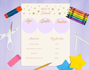 Terug naar school afdrukbare activiteit, alles over mij voor kinderen afdrukbaar, eerste schooldag activiteitenblad afdrukbaar, mijn favorieten afdrukbare items