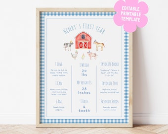 Könnte beinhalten: Ein druckbarer erster Geburtstags-Chart mit einem Bauernhof-Thema. Der Chart ist mit einem roten Stall und Bauernhoftieren verziert. Er enthält Informationen über das Gewicht, die Größe, die Lieblingsbücher, Spielzeuge und Lebensmittel des Kindes. Der Text auf dem Chart lautet "Henry's First Year".
