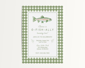 May include: A green and white gingham patterned invitation with a watercolor illustration of a trout fish. The text reads "Beau is O-FISH-ALLY turning two!" with details for a birthday party at Bear Lake Park on August 3rd from 1 pm to 3 pm. RSVP information is included.