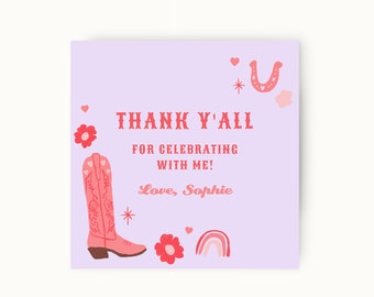 Könnte beinhalten: Eine violette Dankeskarte mit rosa Cowboystiefeln, Blumen, einem Hufeisen und einem Regenbogen. Der Text lautet "Danke an alle, dass ihr mit mir gefeiert habt! Liebe, Sophie".