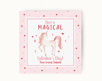 May include: Pink Valentine's Day card with a pink unicorn and glitter. The card says "Have a Magical Valentine's Day! Your friend, Isabella."