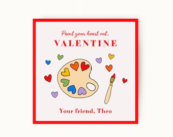 May include: A Valentine's Day card featuring a paint palette and paintbrush. The card reads "Paint your heart out, VALENTINE. Your friend, Theo."