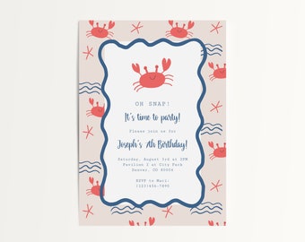 Oh Snap Crab Birthday Party Invitation Editable Template, Beach Fun in the Sun Invitation, Under the Sea Party Invite Template, Kids Party