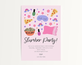 Pode incluir: Convite rosa com ilustrações coloridas de uma máscara para dormir, pizza, pipoca, esmalte de unha e um arco-íris. O texto diz "Slumber Party!" e inclui detalhes para uma festa de aniversário.