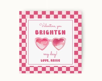 Printable Heart Sunglasses Valentine Template, Valentine You Brighten My Day Valentine Card, Classroom Valentines, School Valentines Tag