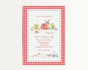 May include: A red and white checkered invitation for a farm-themed birthday party. The invitation features a red barn, a windmill, and farm animals. The text on the invitation reads "Oink, Cluck, BAA and Moo" and "Henry is turning two!"