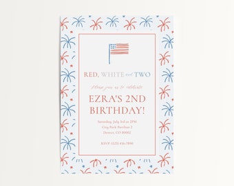 May include: Red, white, and blue birthday invitation with a fireworks pattern and an American flag. The invitation says "Red, White and Two, please join us to celebrate Ezra's 2nd Birthday!"  The invitation includes the date, time, location, and RSVP information.
