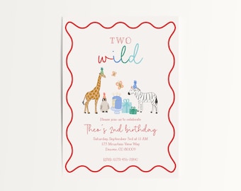 Two Wild Birthday Invitation, Second Birthday Invitation, Two Wild Invitation, 2nd Birthday Editable Template, Party Animals Invitations DIY