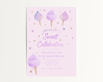 Sweet Celebration Cotton Candy Birthday Invitation Template, Printable Sweet Birthday Invite, Editable, Instant Download, Kids Candy Party