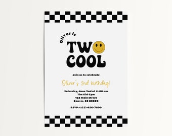 Dos plantillas de invitación de cumpleaños geniales para imprimir, plantilla de invitación editable e imprimible con caras sonrientes, invitaciones de segundo cumpleaños con caras felices