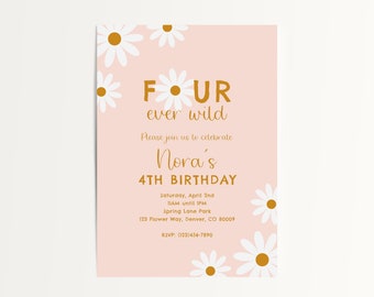 Sjabloon afdrukbare Boho Daisy-feestje uitnodiging, vierde verjaardag uitnodigen, vier ooit wilde wilde bloemen Daisy verjaardag, 4e verjaardag uitnodigen meisjes