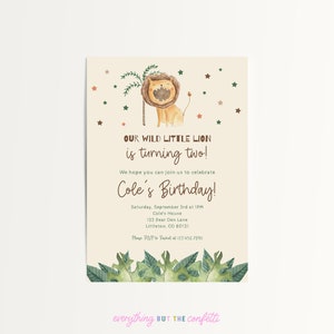Plantilla de invitación de cumpleaños de Nuestro Pequeño León para imprimir, invitaciones de cumpleaños de Wild One, plantilla de invitación de animales para fiesta de cumpleaños de niños DIY