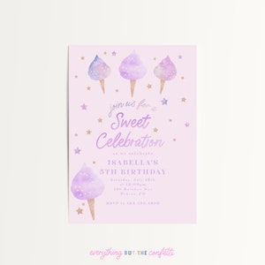 Sweet Celebration Cotton Candy Birthday Invitation Template, Printable Sweet Birthday Invite, Editable, Instant Download, Kids Candy Party