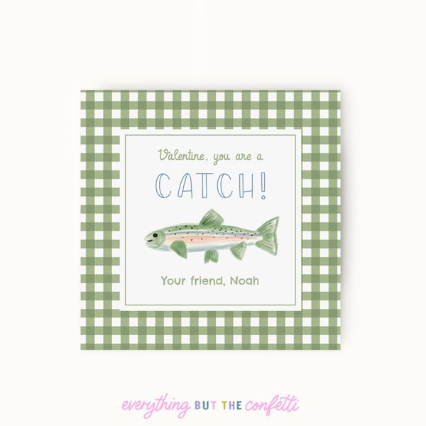 You're a Catch Kids Valentines Card Tag Printable Template, Fishing Valentines, You're A Great Catch Valentine, Preschool Kids Valentines