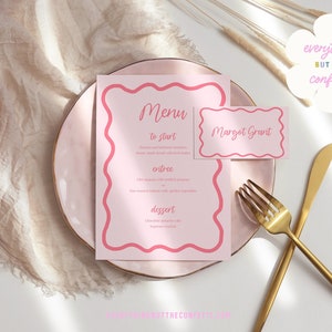 Modelo de menu ondulado e cartão de lugar, modelo de menu pintado à mão para eventos e casamentos, modelo de festa moderno, menu com arte ondulada e cartões de lugar