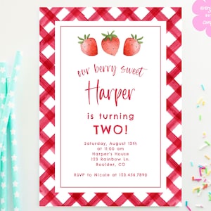 Berry Sweet Birthday Invitation Template, Strawberry Berry First, DIY Printable Editable Invitation Template, Kids Party Printable Template