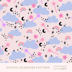May include: A seamless pattern featuring pastel pink, blue, and yellow clouds, rainbows, stars, crescent moons, and pink magic wands with stars on the ends. The background is a light pink color.