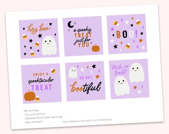 May include: Printable Halloween treat bag tags with cute ghost illustrations and fun sayings like "hey boo", "a spooky treat just for you", "BOO!" and "trick or treat!" The tags are on a purple background with orange and yellow candy corn, stars and a crescent moon.