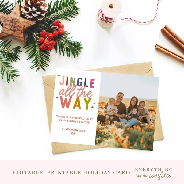 Jingle all the Way Editable, Printable Holiday Photo Card Template, Holiday Cards, Christmas Cards, DIY Photo Cards for Christmas Holiday