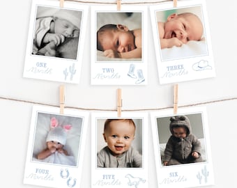 Printable First Rodeo Monthly Milestone Photo Cards, Printable First Birthday Banner, Editable First Year Photo Banner Printable Cards