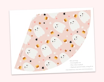 May include: Printable party hat template featuring a pink background with a repeating pattern of white ghosts, orange and yellow candy corn, and black stars. The text "glue here" is written on the left side of the template. The text "EVERYTHING but the confetti" is written at the bottom of the template. The text "Afer printing - Cut template out - Glue where marked - Optional: punch 2 holes, string & tie FOR PERSONAL USE ONLY, NOT FOR RESALE" is written on the right side of the template.