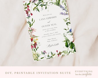 Wilde bloemen bruiloft uitnodigingssuite, bruiloft uitnodigingen bundel, sjablonen, printables, bruiloft nodigt DIY, instant download, bruiloft Kit