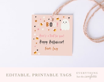 May include: Pink and white printable Halloween gift tag with a ghost, candy corn, and stars. The tag says "BOO! Here's a treat for you! Happy Halloween! From: Lucy"