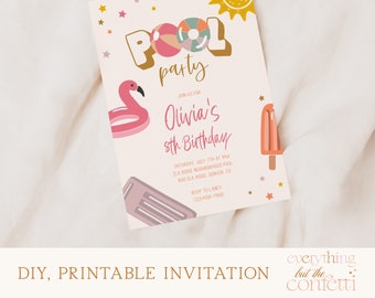 Pool Party Summer Invitation Template, Summer Party Kids Invitation Template, Editable Printable DIY Template, Splish Splash by the Pool