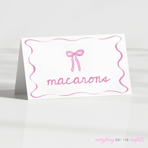 Modello di etichette per alimenti a tema fiocchi stampabili, etichette per alimenti da tenda stampabili con fiocchi, decorazioni per feste di compleanno femminili, modello di segnaposto con nastro rosa