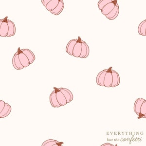 May include: A seamless pattern of pink pumpkins on a white background. The pumpkins are outlined in brown and have a simple, hand-drawn style.