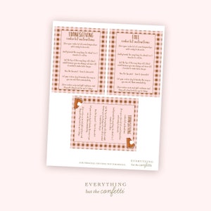 May include: Three printable cards with instructions for baking Thanksgiving and Fall cookies. The cards have a pink and brown gingham pattern and feature a brown pie icon. The text on the cards reads "Thanksgiving cookie kit instructions", "Fall cookie kit instructions", and "Thanksgiving cookie kit instructions".