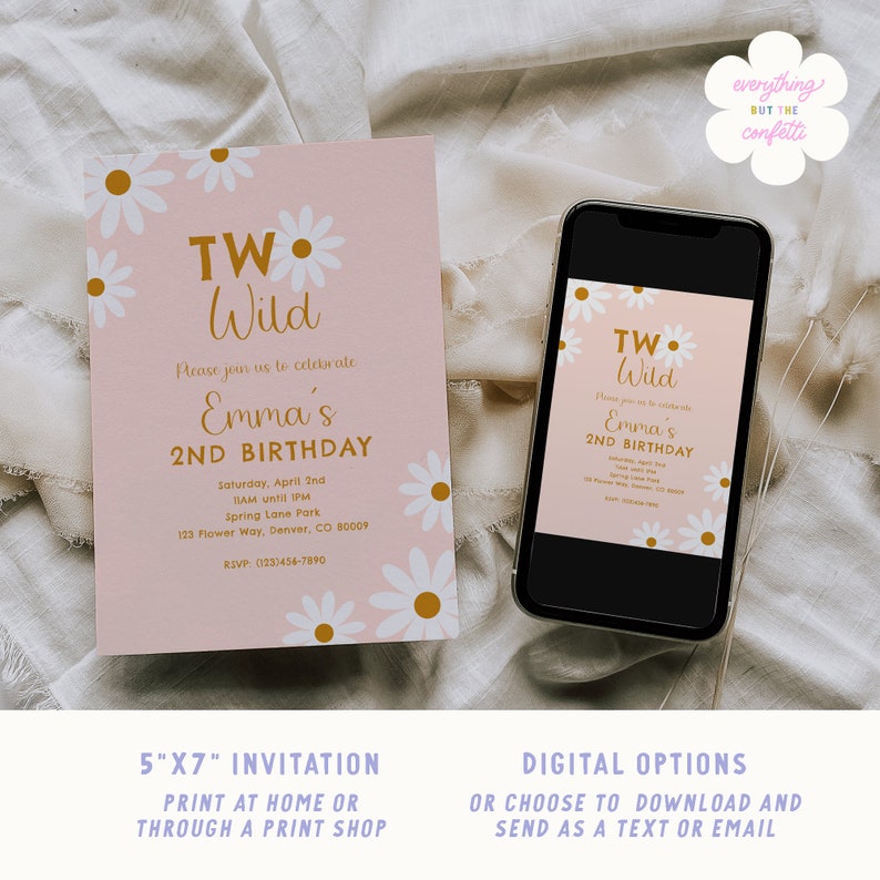 Printable Boho Daisy Party Invitation Template, Second Birthday Invite ...