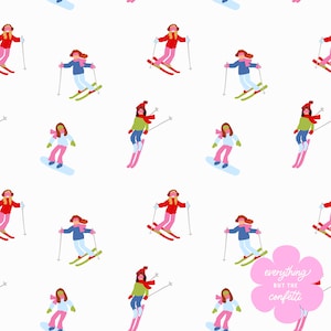 May include: A seamless pattern featuring colorful illustrations of people skiing down a snowy mountain. The pattern is set against a white background and includes the text "everything but the confetti".
