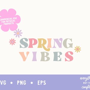 Pu&ograve; includere: Un design grafico colorato con il testo "SPRING VIBES" in stile retr&ograve;. Il testo &egrave; circondato da fiori color pastello.