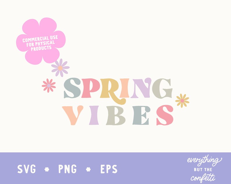 Pu&ograve; includere: Un design grafico colorato con il testo "SPRING VIBES" in stile retr&ograve;. Il testo &egrave; circondato da fiori color pastello.