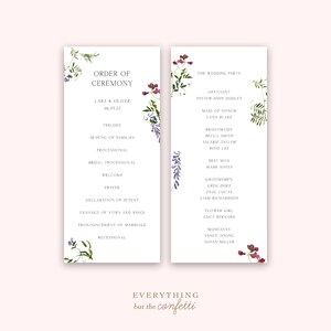 May include: A wedding ceremony order of service with floral illustrations. The order of service includes the prelude, seating of families, processional, bridal processional, welcome, prayer, declaration of intent, exchange of vows and rings, pronouncement of marriage, and recessional. The wedding party includes the officiant, maid of honour, bridesmaids, best man, and groomsmen. The musicians are Vance Young and Susan Miller.