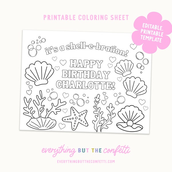 Printable Custom Birthday Coloring Sheets, Personalized Mermaid Shellebration Birthday Coloring Sheet, Birthday Coloring Pages With Name
