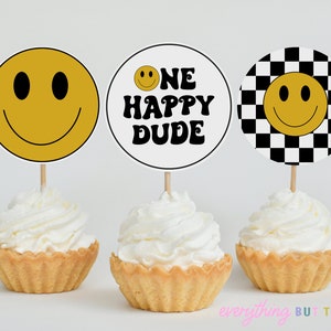 One Happy Dude Cupcake Toppers, One Happy Dude Birthday Cake Topper Printable, Smiley Face Birthday Decor Cupcake First Birthday DIY Toppers