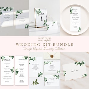 Vintage Elegance Greenery Wedding Kit Bundle, Wedding Printables Bundle, Wedding Invitations Bundle, Wedding Templates Bundle, Templates Kit