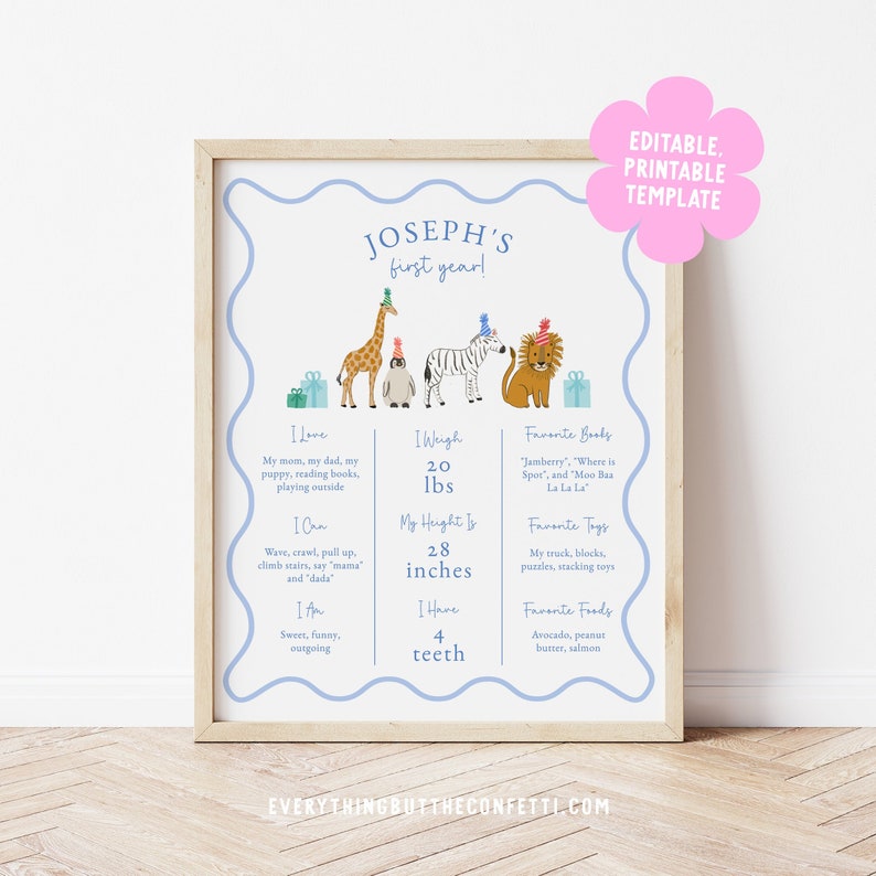 May include: A framed, printable birthday template with a light blue border. The design features cartoon animals, including a giraffe, penguin, zebra, and lion, with party hats. The text reads "Joseph's first year!" and includes details about the child's preferences and measurements.